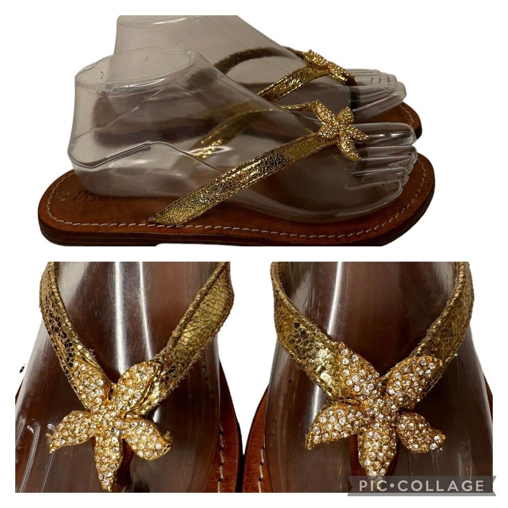 Mystique Gold Leather Crystal Rhinestone StarfishThong Flip Flop Sandal Womens 7